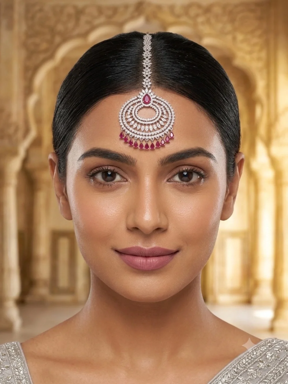 Silver and Pink Teardrop Maang Tikka
